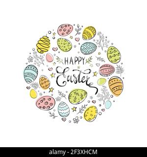 Handgezeichnete Ostereier Komposition auf weißem Hintergrund mit dekorativen Elementen: Äste, Blumen, Sterne und Blasen. Frohe Ostern Vektor-Illustration. Stock Vektor