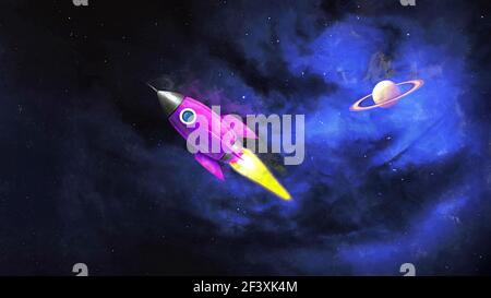 Weltraumrakete auf dem Hintergrund der Galaxie. Künstlerische Arbeit über ein Raumthema Stockfoto