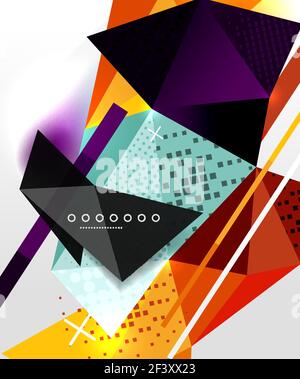 Abstrakter geometrischer Hintergrund, polygonale Dreieckselemente, Linien und Materialtexturen, holografische Elemente. Abstrakter geometrischer Hintergrund, polygonale Dreieckselemente, Linien und Materialtexturen, holografische Elemente. Vektor moderne abstrakte Vorlage Stock Vektor