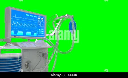 Medicine 3D Illustration, IS covid Ventilator mit Bett rendert, isoliert auf grün Stockfoto