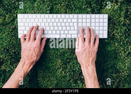 Hände auf Laptop-Tastatur über grünem Gras, Moos Wald Hintergrund. Draufsicht. Achtsamkeit, biophiles Design, Konzept ausstecken. Digitale Entgiftung. Sommer Stockfoto