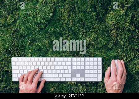 Hände auf Laptop-Tastatur über grünem Gras, Moos Wald Hintergrund. Draufsicht. Achtsamkeit, biophiles Design, Konzept ausstecken. Digitale Entgiftung. Sommer Stockfoto