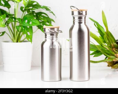 Zwei Wasserflaschen aus Edelstahl in verschiedenen Größen auf dem Tisch mit Zimmerpflanzen im Hintergrund Stockfoto