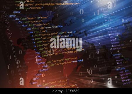 html Front-End Web Entwicklung Programmiersprache für Website binäre Codierung. Mixed Media Hintergrund Stockfoto