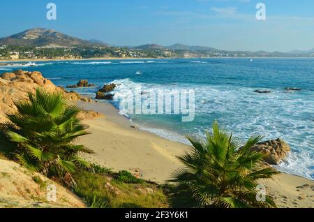 Malerische Landschaft mit Blick auf Playa La Tortuga mit Blick auf das Meer von Cortés in San José del Cabo, Mexiko. Stockfoto