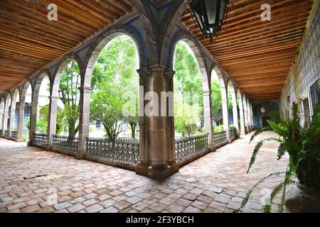 Szenische Außenansicht der kolonialen Hacienda de Peopillos in der Villa Hidalgo, San Luis Potosí Mexiko. Stockfoto