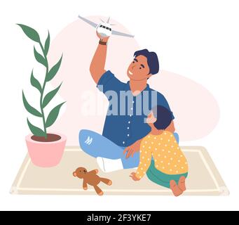 Glücklicher Vater und Sohn spielen mit Flugzeug Spielzeug zusammen, flache Vektor-Illustration. Eltern- und Kindbeziehung. Stock Vektor