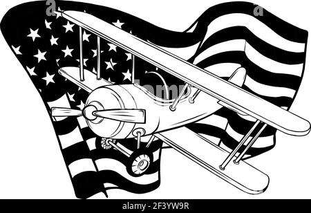 Zeichnen Sie in schwarz und weiß der amerikanischen Flagge mit Flugzeug vektorgrafik Design Stock Vektor