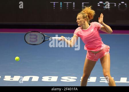 St. Petersburg, Russland. März 2021, 18th. Katerina Siniakova aus Tschechien spielt gegen Margarita Gasparyan aus Russland während des St.Petersburg Ladies Trophy 2021 Tennisturniers in der Sibur Arena. Endnote: (Margarita Gasparyan 2-0 Katerina Siniakova) (Foto: Maksim Konstantinov/SOPA Image/Sipa USA) Quelle: SIPA USA/Alamy Live News Stockfoto