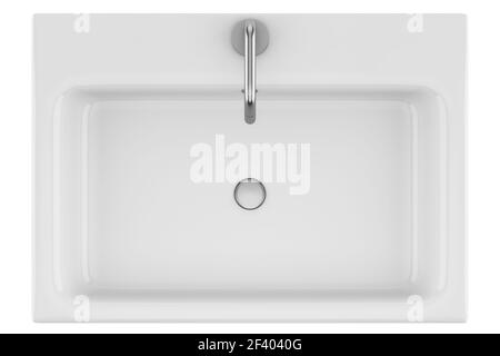 Blick von oben auf Keramik Badezimmer Waschbecken isoliert auf weißem Hintergrund. 3D Abbildung. Draufsicht auf Keramik-Waschbecken isoliert auf weißem Hintergrund. Stockfoto