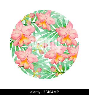 Floraler Hintergrund mit rosa Aquarell-Orchideen und grünen Palmenzweig. Handgezeichneter tropischer Hintergrund. Floraler Hintergrund mit rosa Aquarell-Orchideen Stockfoto
