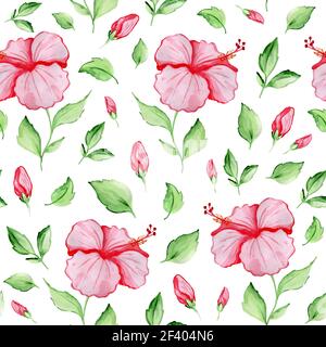 Aquarell tropisches Nahtloses Muster mit roten Hibiskusblüten und grünen Blättern auf weißem Hintergrund. Nahtloses Muster mit roten Hibiskusblüten Stockfoto