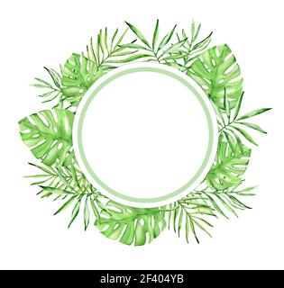 Runder Rahmen mit tropischem Blumenmuster und grünen Palmenblättern auf weißem Hintergrund. Runder Rahmen mit tropischem Blumenmuster und Aquarell Stockfoto