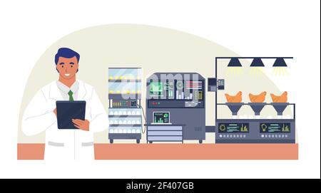 Smart Hühnerfarm, flache Vektor-Illustration. Automatisierung von Geflügelfarmen. IoT, Smart Farming-Technologie in der Landwirtschaft. Stock Vektor