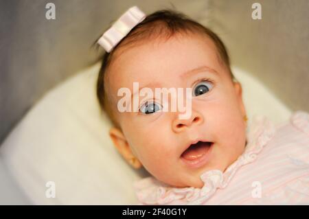 Kleines Mädchen mit lustigen Überraschung Ausdruck auf ihrem Gesicht. Zwei Monate alte Person. Stockfoto