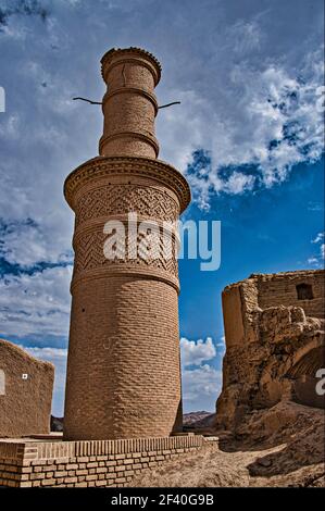 Altes Minarett, Kharanagh oder Kharanaq, Provinz Yazd, Iran Stockfoto