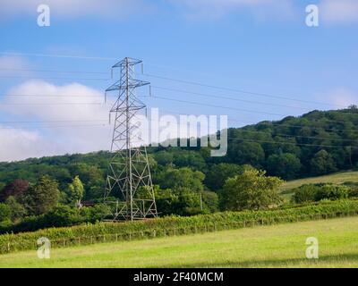 Ein Hochspannungsmast von 132kv in ländlicher Umgebung in Wrington Vale, Somerset, England. Stockfoto