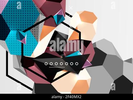 Farbe 3D geometrische Komposition Poster. Farbe 3D geometrische Komposition Poster. Vektordarstellung von bunten Dreiecken, Pyramiden, Sechsecken und anderen Formen auf grauem Hintergrund Stock Vektor