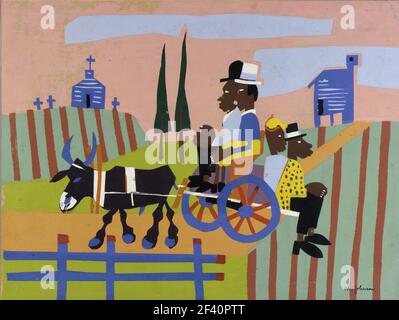 William H Johnson Kunstwerk mit dem Titel Going to Church. Farbenfrohe Kunstwerke afroamerikanischer Familie, die mit Ochsen und Wagen zur Kirche auf dem Hügel fährt. Stockfoto