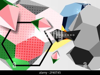 Farbe 3D geometrische Komposition Poster. Farbe 3D geometrische Komposition Poster. Vektordarstellung von bunten Dreiecken, Pyramiden, Sechsecken und anderen Formen auf grauem Hintergrund Stock Vektor