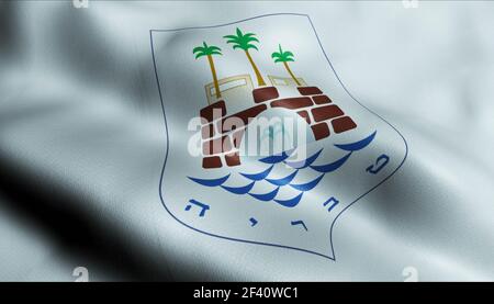 3D Illustration einer wehenden israelischen Stadtflagge von Tiberias Stockfoto
