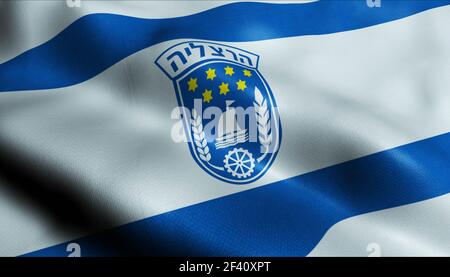 3D Illustration einer wehenden israelischen Stadtflagge von Herzliya Stockfoto