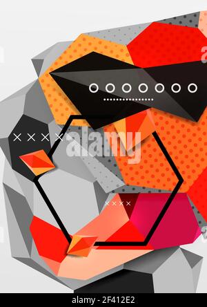 Farbe 3D geometrische Komposition Poster. Farbe 3D geometrische Komposition Poster. Vektordarstellung von bunten Dreiecken, Pyramiden, Sechsecken und anderen Formen auf grauem Hintergrund Stock Vektor