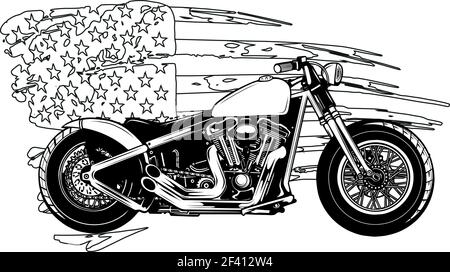 Zeichnen Sie in schwarz und weiß von Chopper Motorrad mit amerikanischen Abbildung des Merker-Vektors Stock Vektor