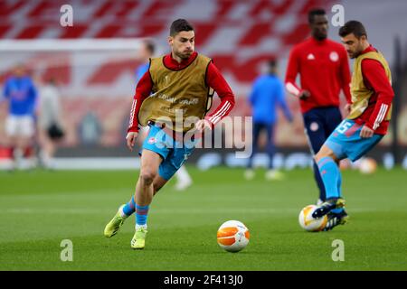 Emirates Stadium, London, Großbritannien. März 2021, 18th. UEFA Europa League Football, Arsenal gegen Olympiacos; Giorgos Masouras von Olympiakos während des Aufwärmphase Credit: Action Plus Sports/Alamy Live News Stockfoto