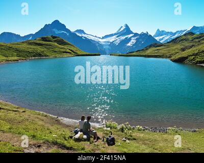 Schweiz, Grindelwald. Blick auf Berge und See, First-Bachalpsee-Faulhorn. Diese Wanderung bietet herrliche Ausblicke auf die Schreckhorngruppe Stockfoto
