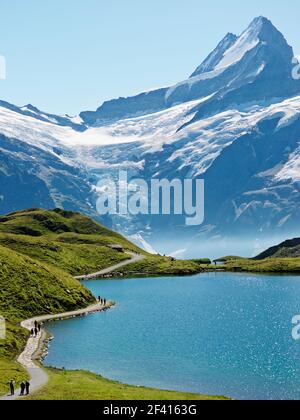 Schweiz, Grindelwald. Blick auf Berge und See, First-Bachalpsee-Faulhorn. Diese Wanderung bietet herrliche Ausblicke auf die Schreckhorngruppe Stockfoto