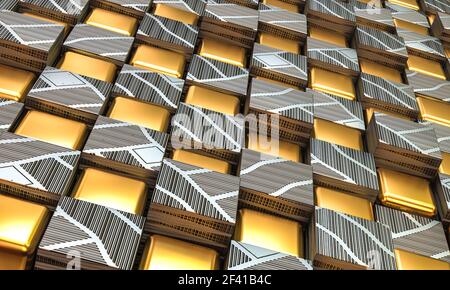 Geometrische Gold und Stahl Hintergrund in quadratischen Formen. 3D Rendern Stockfoto