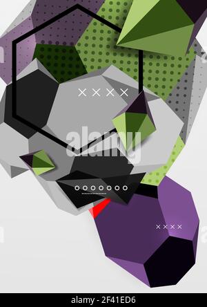 Farbe 3D geometrische Komposition Poster. Farbe 3D geometrische Komposition Poster. Vektordarstellung von bunten Dreiecken, Pyramiden, Sechsecken und anderen Formen auf grauem Hintergrund Stock Vektor