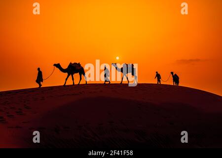 Cameleers, Kamelfahrer bei Sonnenuntergang. Thar-Wüste bei Sonnenuntergang Jaisalmer, Rajasthan, Indien. Stockfoto