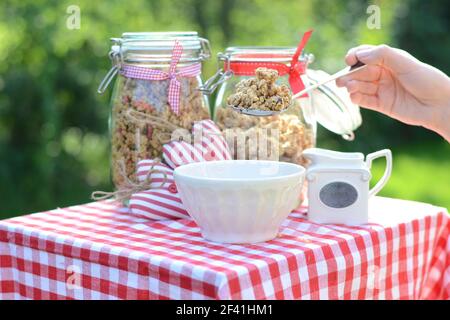 Leckeres und gesundes Frühstück im Sommergarten Stockfoto