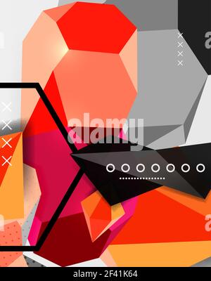 Farbe 3D geometrische Komposition Poster. Farbe 3D geometrische Komposition Poster. Vektordarstellung von bunten Dreiecken, Pyramiden, Sechsecken und anderen Formen auf grauem Hintergrund Stock Vektor
