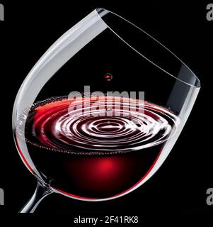 Rotwein in einem Weinglas isoliert auf schwarzem Grund. Tropfen fällt auf die Oberfläche und erzeugt Wellen. Stockfoto