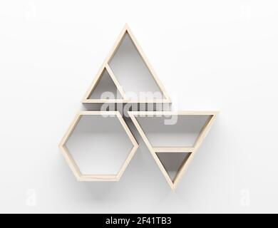 Leere Holzfachböden auf weiße Wand mit Licht von oben. 3D-Darstellung Stockfoto