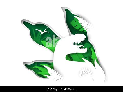 Papier geschnitten Tyrannosaurus rex Dinosaurier und t-rex Pfote, pteranodon fliegende Reptil Silhouetten, Vektor-Illustration. Stock Vektor