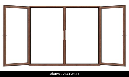 Offene Holz- Fenster auf weißem Hintergrund. 3D-Darstellung Stockfoto