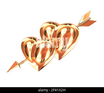Zwei goldene Herzen durchbohrt von einem goldenen Pfeil isoliert auf weißem Hintergrund. Amor&rsquo;s Pfeil. 3D Abbildung. Stockfoto