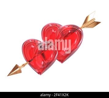 Zwei rote Herzen durchbohrt von einem goldenen Pfeil isoliert auf weißem Hintergrund. Amor&rsquo;s Pfeil. 3D Abbildung. Stockfoto