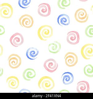Abstrakte Aquarell nahtlose Muster mit farbigen Spiralen auf einem weißen Hintergrund. Rosa, Blau, Grün und Gelb Swirl Stockfoto