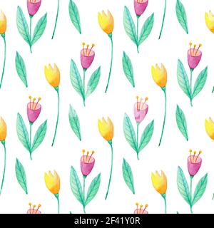Aquarell Blumen nahtlose Muster mit rosa und gelbe Blumen und grüne Blätter. Natur Hintergrund Stockfoto
