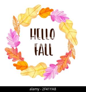 Aquarell Herbst Blumen Rahmen aus Eiche Blätter auf einem weißen Hintergrund. Hand gezeichnet Abbildung. Hallo fallen Schriftzug Stockfoto