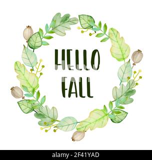 Aquarell Herbst Blumen Rahmen mit grünen Blättern auf einem weißen Hintergrund. Hand gezeichnet Abbildung. Hallo fallen Schriftzug Stockfoto