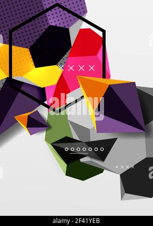 Farbe 3D geometrische Komposition Poster. Farbe 3D geometrische Komposition Poster. Vektordarstellung von bunten Dreiecken, Pyramiden, Sechsecken und anderen Formen auf grauem Hintergrund Stock Vektor