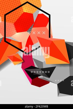 Farbe 3D geometrische Komposition Poster. Farbe 3D geometrische Komposition Poster. Vektordarstellung von bunten Dreiecken, Pyramiden, Sechsecken und anderen Formen auf grauem Hintergrund Stock Vektor