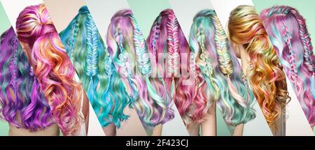 Beauty Fashion Model Mädchen mit bunten gefärbten Haar. Mädchen mit perfekten Frisur. Modell mit perfekten gesunden gefärbten Haaren. Regenbogen Frisuren. Collage-Foto Stockfoto