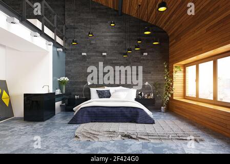 Moderne loft Schlafzimmer Innenraum. 3D-rendering Design Stockfoto